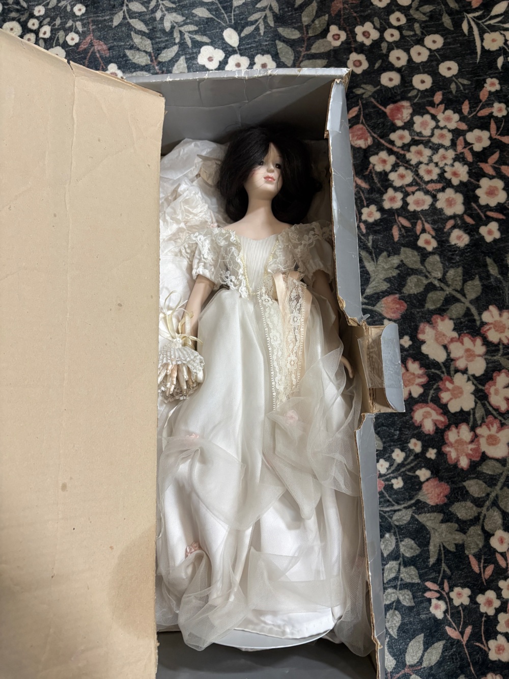 Vintage Porcelain Bride Doll in Ivory Lace Gown